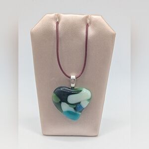 Hand Crafted Small Green Valentine Heart Fused Glass Necklace.